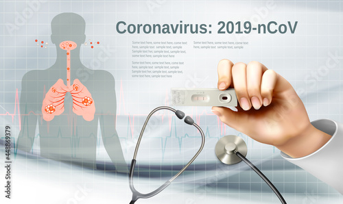 Coranavirus background with nurse holding a positive rapid antigen test. Vector