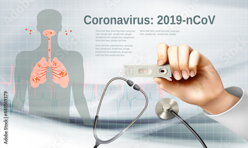Coranavirus background with nurse holding a positive rapid antigen test. Vector photo