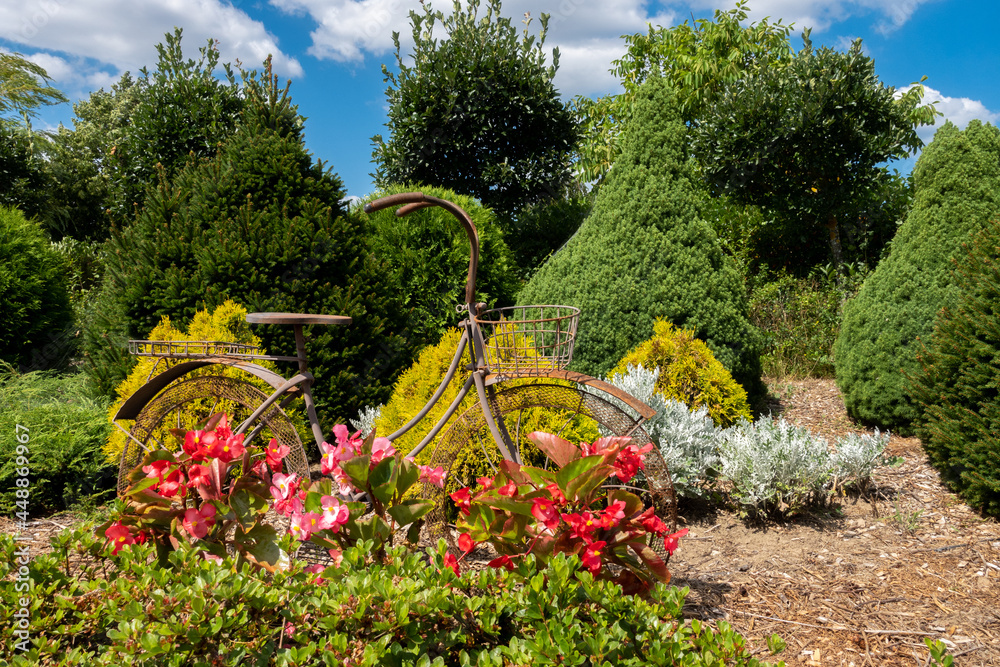 Naklejka premium Blooming garden on a sunny day. Decoration in the form of a bicycle on a floral background. Taken on a sunny day at high noon