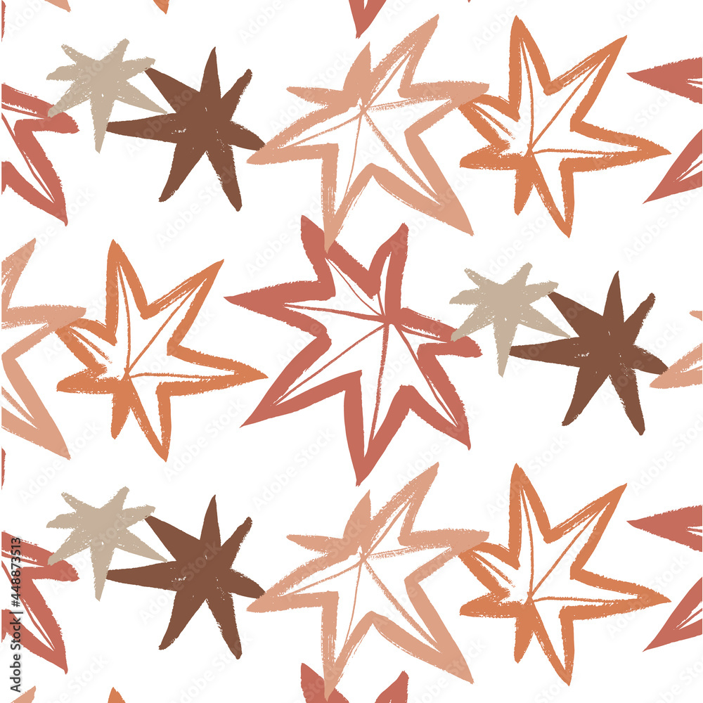 Obraz premium Vector pattern of brown and orange maple leaves on a white background. Ink style. Brush strokes. Doodle. Minimalism. Autumn