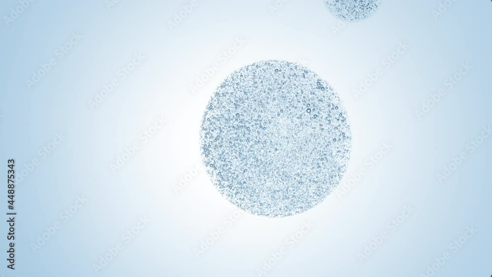 Blue drop with tiny transparent bubbles of hyaluronic acid is dripped from dropper on pale blue background | Macro shot of body care gel with hyaluronic acid for its commercial