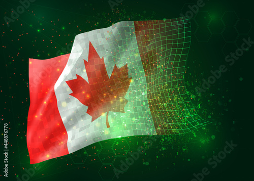 Canada, on vector 3d flag on green background with polygons and data numbers