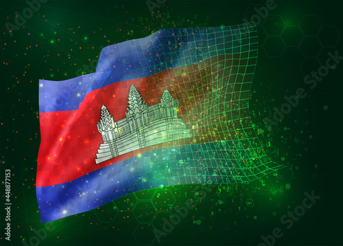 Cambodia, vector 3d flag on green background with polygons and data numbers