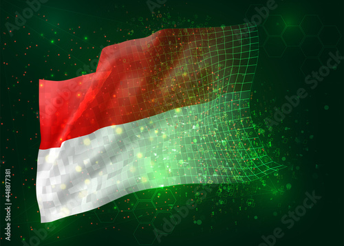Monaco  Indonesia  on vector 3d flag on green background with polygons and data numbers