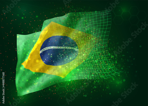 Brazil, on vector 3d flag on green background with polygons and data numbers