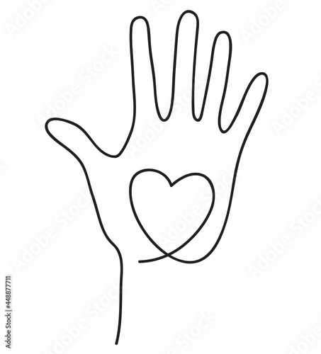 Human hand holding heart. Abstract love symbol. Care, support and assistance concept. Continuous line art drawing vector illustration
