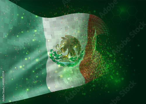 Mexico, on vector 3d flag on green background with polygons and data numbers