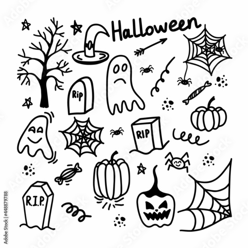 Vector set of halloween clipart isolated on white background. Funny, cute illustration for seasonal design, textile, decoration kids playroom or greeting card. Hand drawn prints and doodle.