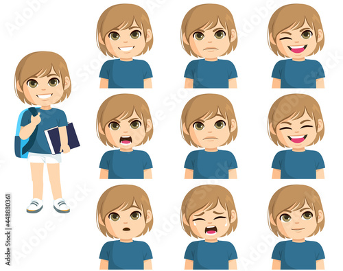 Little happy blond haired boy ready back to school holding blue big book and schoolbag and with different nine expressions