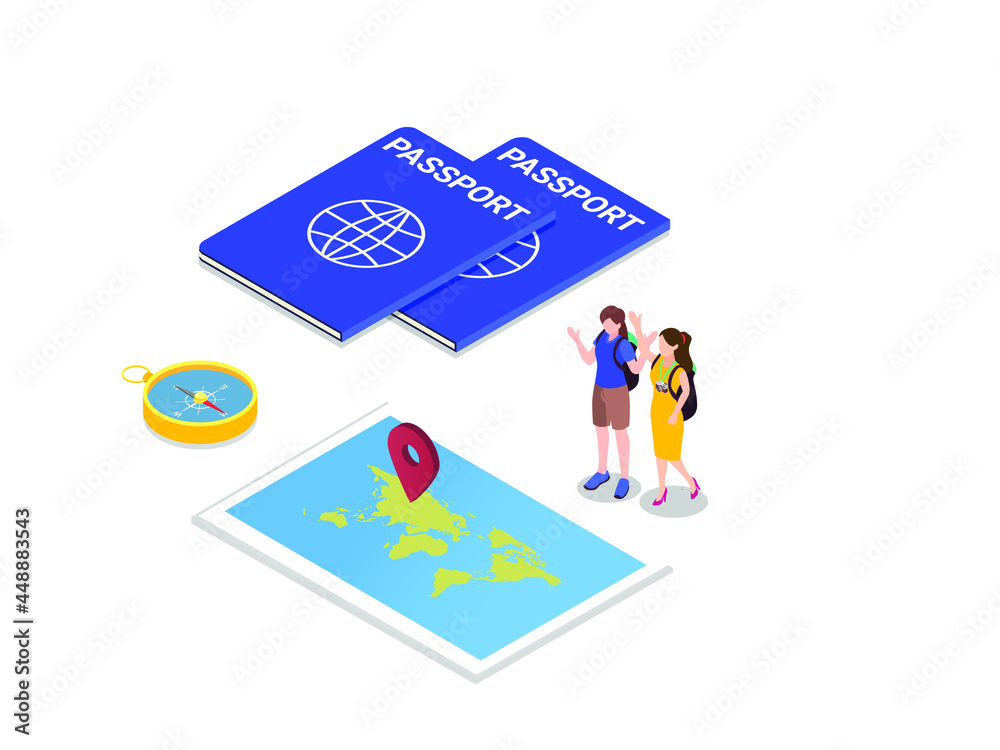 Tourists with compass, passport and and digital map 3d isometric vector concept for banner, website, illustration, landing page, flyer, etc.