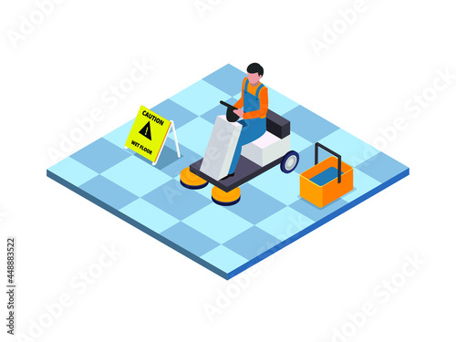 Man Cleaning and Polishing the Floor 3d isometric vector concept for banner, website, illustration, landing page, flyer, etc.