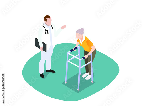 Doctor talking to elderly woman on walker 3d isometric vector concept for banner, website, illustration, landing page, flyer, etc.
