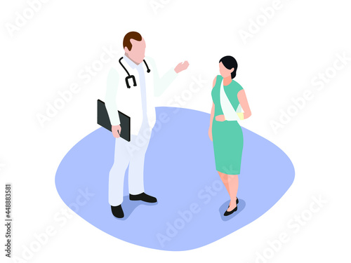 Doctor talks to a patient in arm brace 3d isometric vector concept for banner, website, illustration, landing page, flyer, etc.