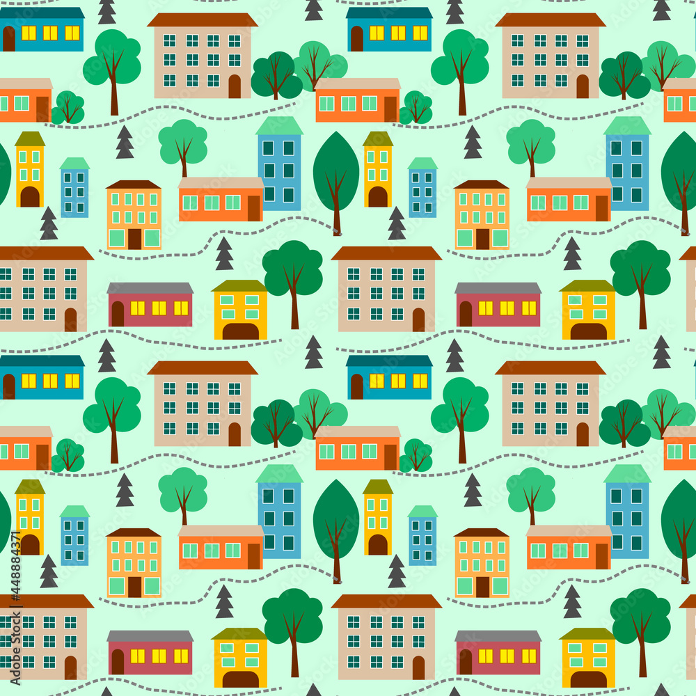 Pattern with a street, colorful houses and trees. Vector illustration for children. For use in children's prints, packaging, promotions, advertisements, covers and brochures and toy stores.