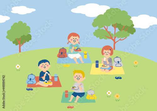 遠足でお弁当を食べる子供たちのイラスト