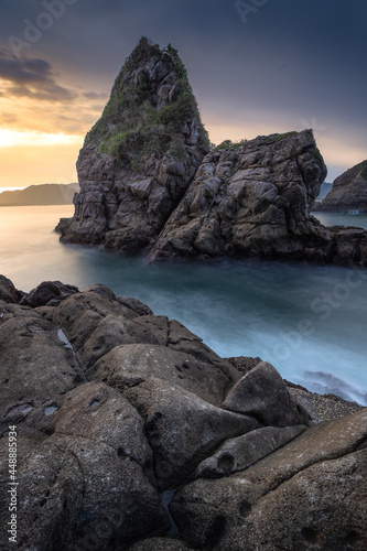 sunset on the rocky coastline