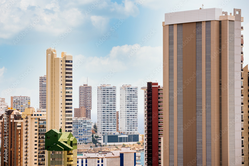 Cityscape with skyscrapers near sea