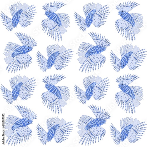 Seamless pattern with lionfishes in hand drawn style on white background. Digital illustration with sea animals for textiles, clothes, prints, wallpapers, packaging, wrapping paper