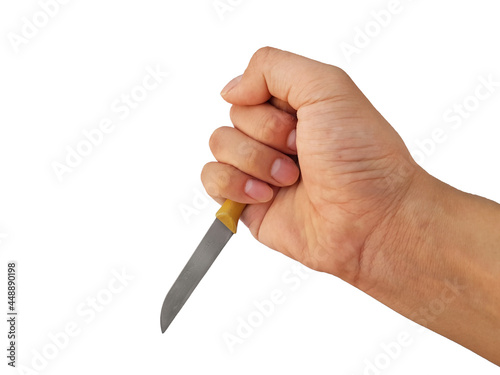 men's hand holding fruit knife isolated on white background with threatening pose