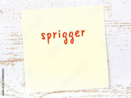 Yellow sticky note on wooden wall with handwritten word sprigger photo