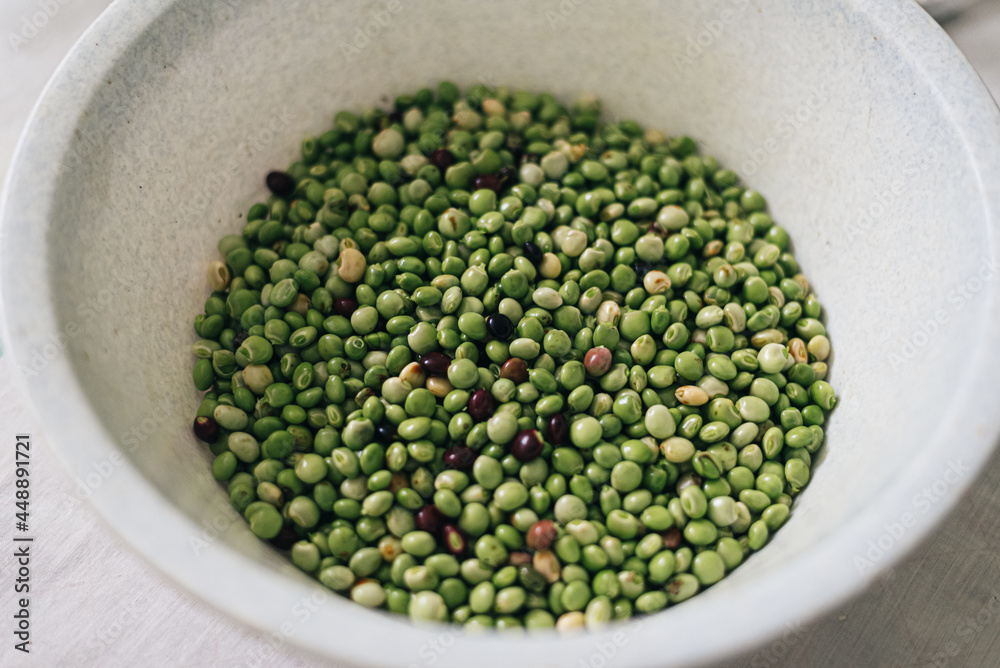 Shelled green beans in plastic bowl on table Shelled green beans in plastic bowl on table