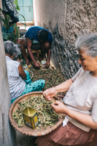 Ethnic people shelling beans together