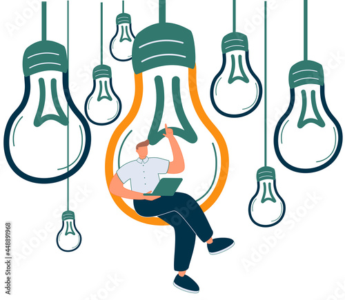 Content creation, creative person vector concept. Man sitting in lighbulb with laptop. Symbol of creativity, writing, blogging, copywriting. Eps10 illustration