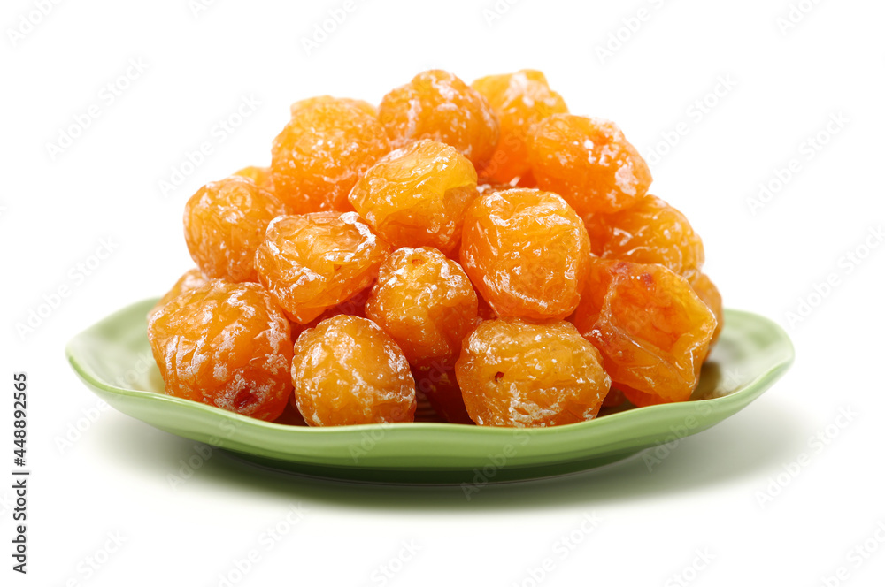 Dried apricot plum fruits(Preserved fruits or dried honey Chinese plum) on white background Dried apricot plum fruits(Preserved fruits or dried honey Chinese plum) on white background
