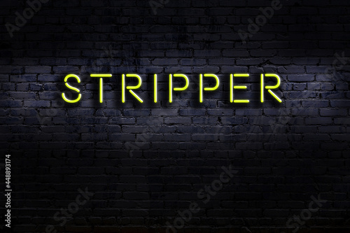 Night view of neon sign on brick wall with inscription stripper photo