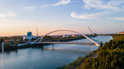 Aerial View of Guadalquivir River in Seville with Barqueta and Alamillo Bridges