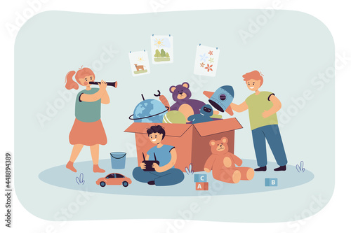 Happy children playing near box full of toys. Flat vector illustration. Friends having fun, girl playing pipe, boys with radio-controlled toy car, space rocket. Playtime, preschool, childhood concept