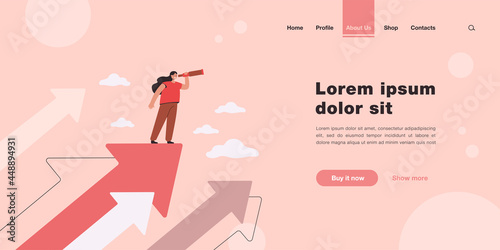 Tiny woman standing on arrow and looking for future plans for success flat vector illustration. Cartoon positive female character using motivational inspiration. Business and career concept