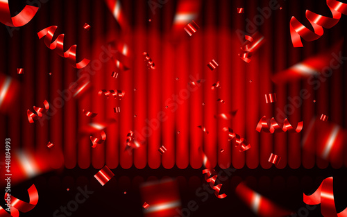 Closed red curtain stage background. Spotlight beam illuminated. Theatrical drapes. Template design for cinema, concert, ceremony, show, theater performance. Velvet fabric curtain. Vector illustration
