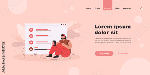 Tiny woman sitting and listening music on mobile phone isolated flat vector illustration. Cartoon character relaxing and choosing song from playlist. Audio advertising and entertainment concept
