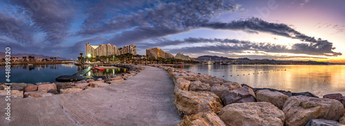 Panoramic view on the central public beach of Eilat. Image depicts northern s...