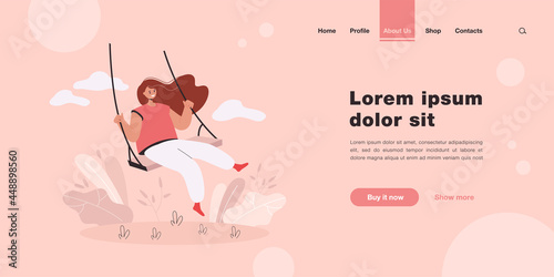 Happy girl and sitting on swing, smiling and swinging flat vector illustration. Cartoon female character in good mood having fun outdoors. Leisure and lifestyle concept