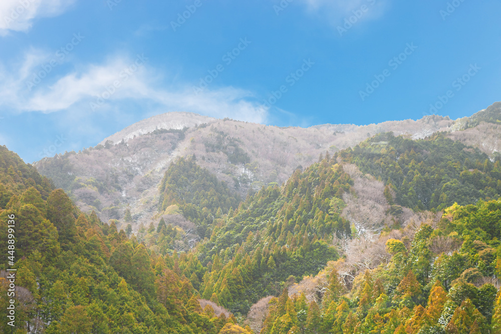 Winter background countryside with snow in Arashiyama district Kyoto, Japan.