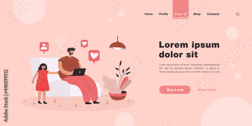 Father surfing internet and ignoring daughter. Man sitting on chair with laptop, sad girl calling dad flat vector illustration. Family, parenting, communication concept for banner, website design