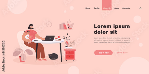 Young mother working online at home with kid. Flat vector illustration. Woman holding baby, sitting at desk and working on computer. Workplace, maternity, freelance concept for banner design
