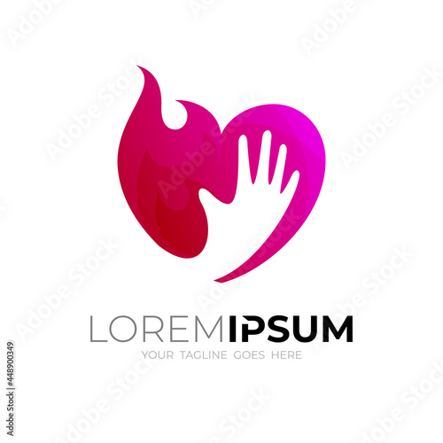 Heart care logo with fire design illustration, red color