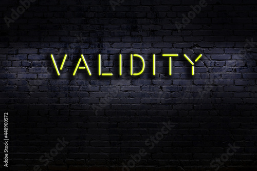 Neon sign. Word validity against brick wall. Night view