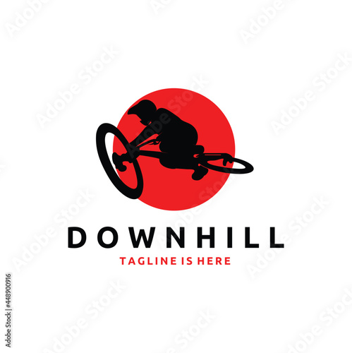 Mountain Bike BMX Jump in Flat Style Logo Design Vector on The Red Sun Background