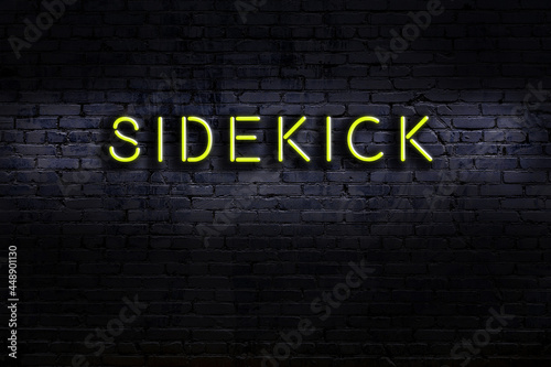 Fotografie Night view of neon sign on brick wall with inscription sidekick