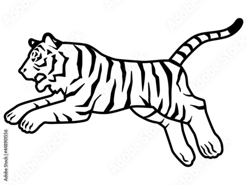 虎のシルエットもしくは線画のイラスト素材　横向き　ジャンプ