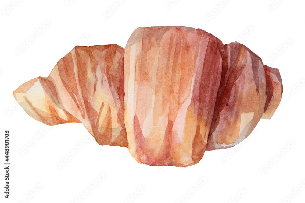 Fototapeta premium Watercolor dessert sweet croissant cake for breakfast with coffee isolated on white background. Hand-drawn bun clip art for menu, cafe, cafeteria, cookbook, wrapping, sticker, wallpaper