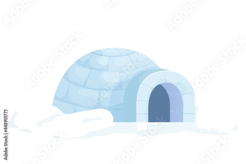 Traditional igloo from snow in cartoon style isolated on white background. Icehouse outdoor, eskimo culture, anarctic home.