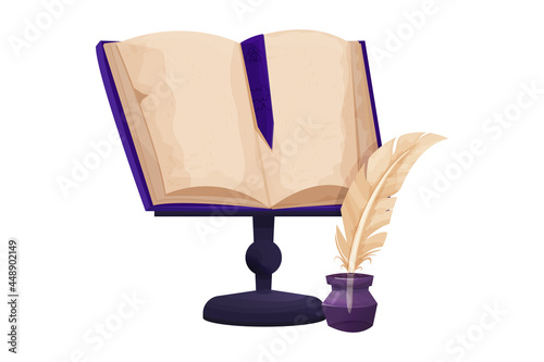 Magic mystic book, witchcraft equipment, old medieval parchment in cartoon style isolated on white background. Sorceress, ui asset.