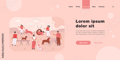 People playing and training their pets on special playground. Flat vector illustration. People training their dogs in city park area. Animal, activity, education, nature concept for banner design