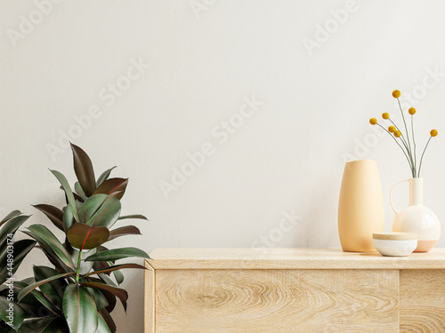 Wall mockup with Vase and green plant,White wall and shelf. photo