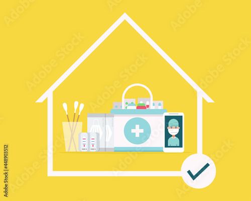 Home isolation concept: There are antigen test kid for check corona virus (COVID-19), mask, medicine, smartphone with doctor. Cartoon vector style for your design.
